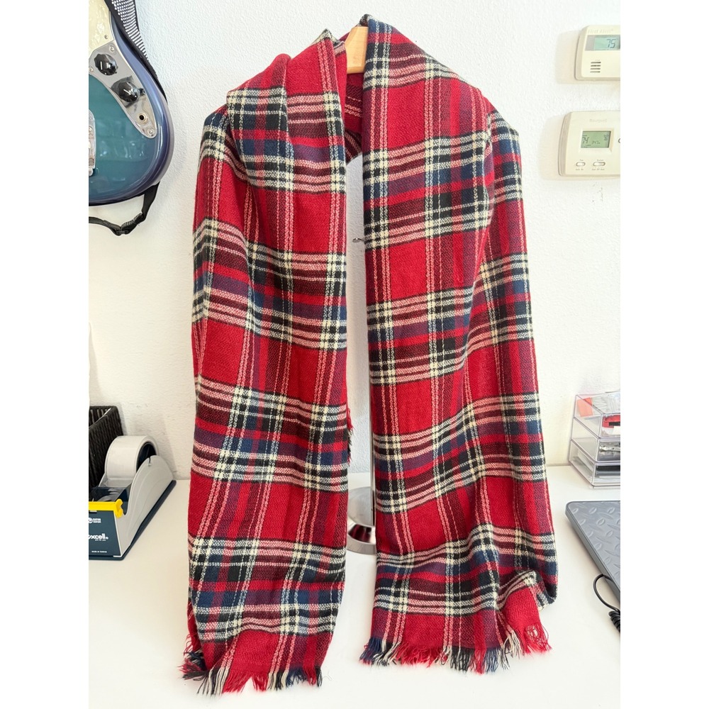 Look Red Plaid Blanket Scarf Wool Blend Oversized Tartan Fringe Shawl Wrap